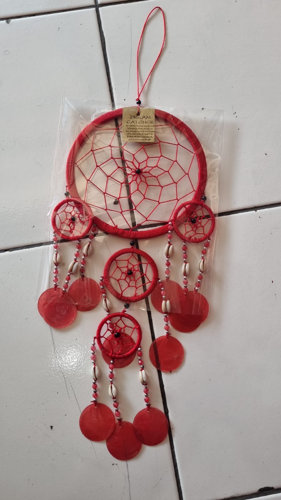 Colorful handmade dreamcatcher 16cm with nylon web, capiz shell discs, cowrie shells, boho wall hanging.
