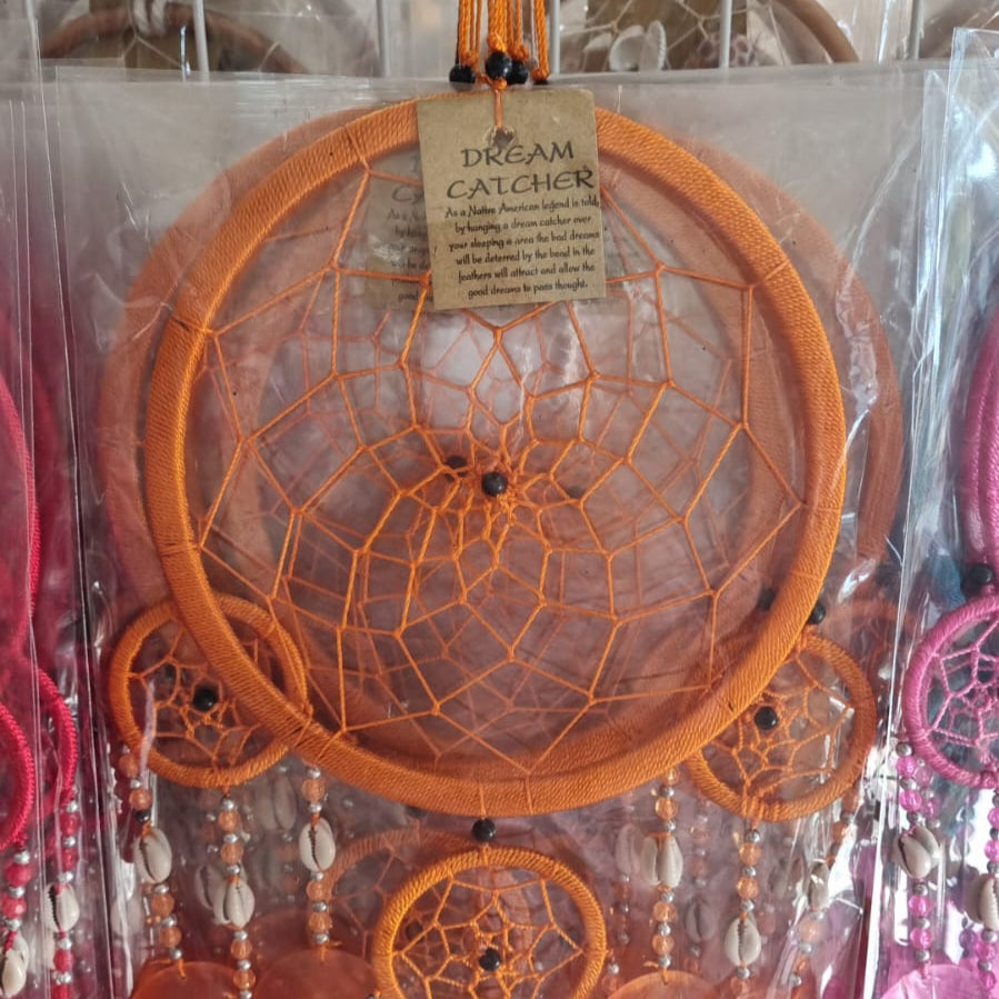 Colorful handmade dreamcatcher 16cm with nylon web, capiz shell discs, cowrie shells, boho wall hanging.