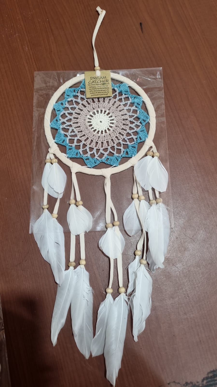 Bohemian handmade cotton dreamcatcher 16cm with white feathers, artisan wall hanging decor