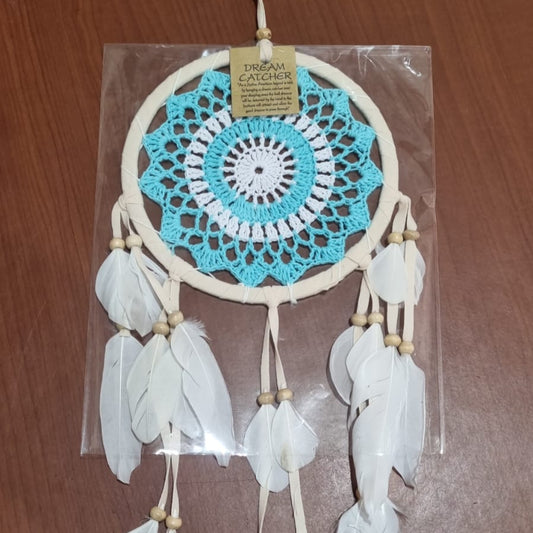 Bohemian handmade cotton dreamcatcher 16cm with white feathers, artisan wall hanging decor