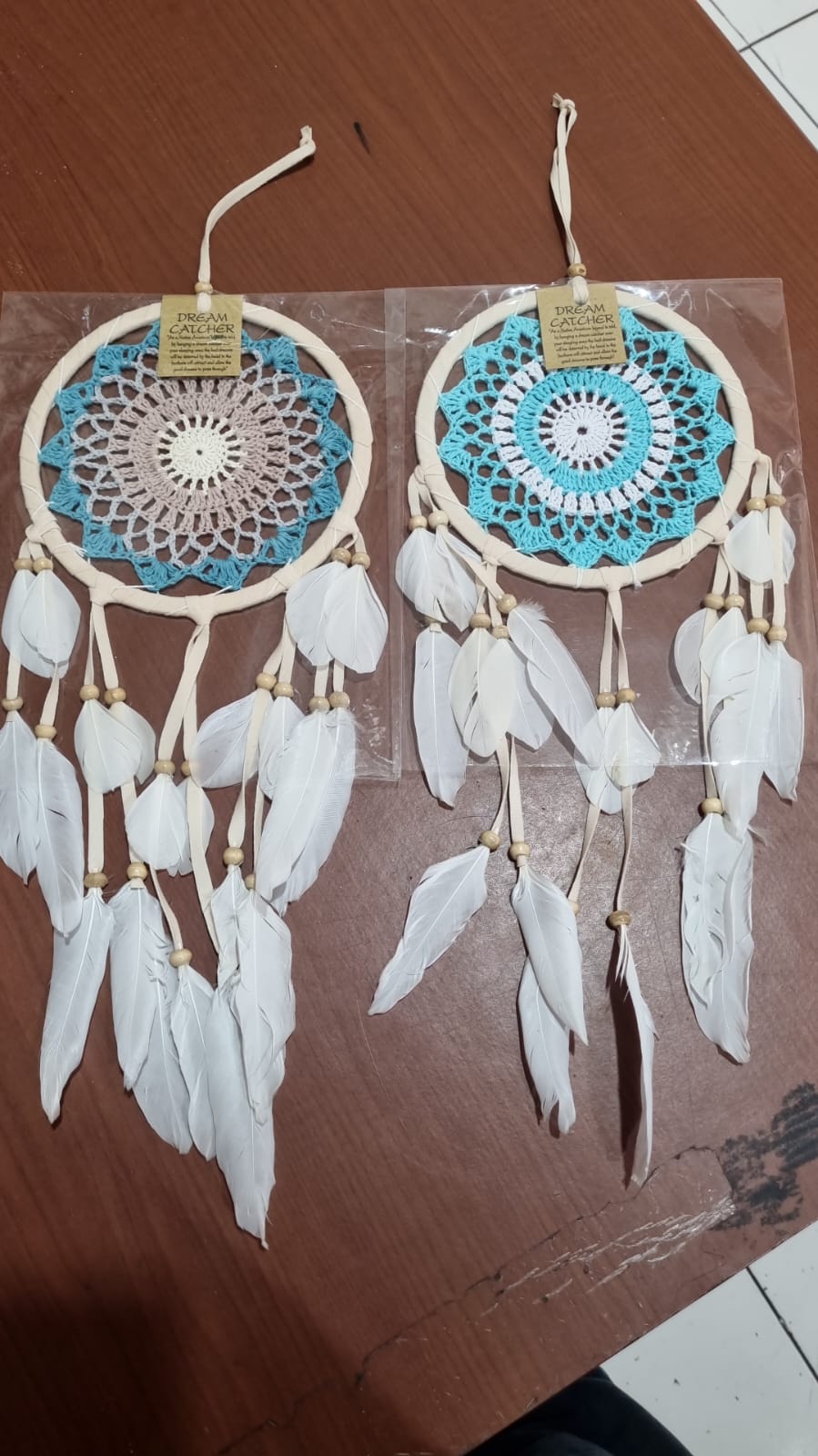 Bohemian handmade cotton dreamcatcher 16cm with white feathers, artisan wall hanging decor