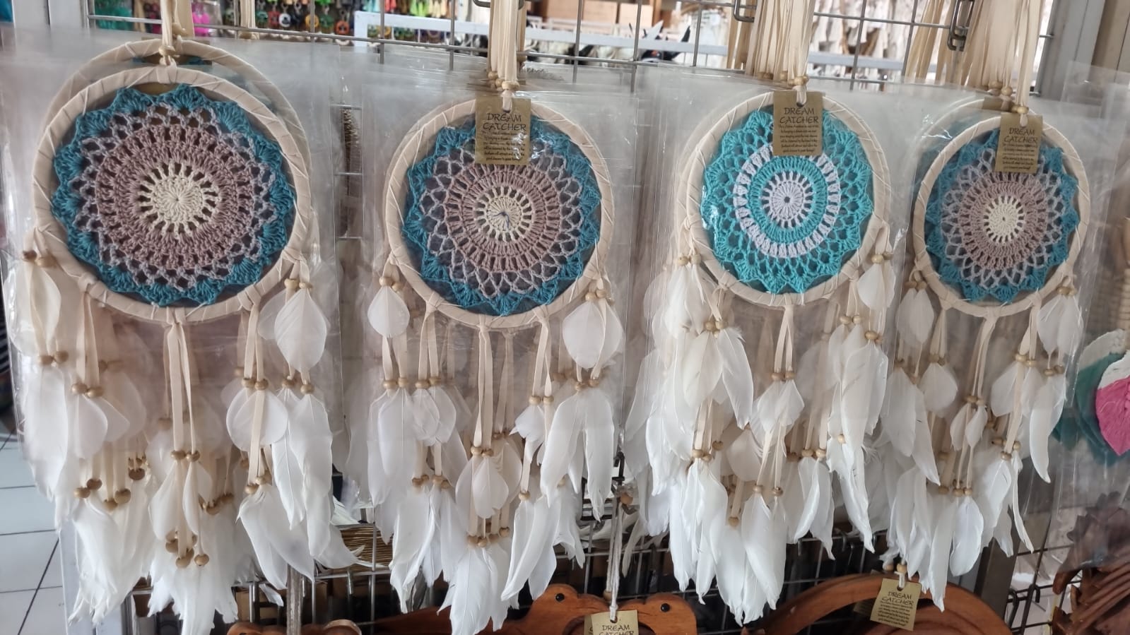 Bohemian handmade cotton dreamcatcher 16cm with white feathers, artisan wall hanging decor