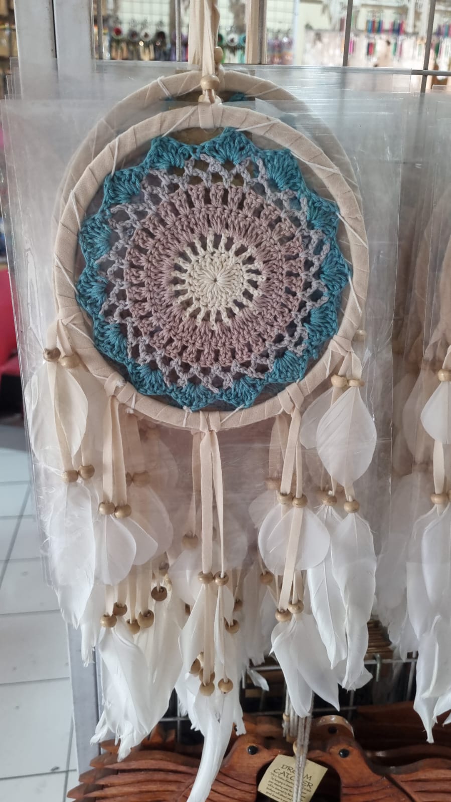 Bohemian handmade cotton dreamcatcher 16cm with white feathers, artisan wall hanging decor