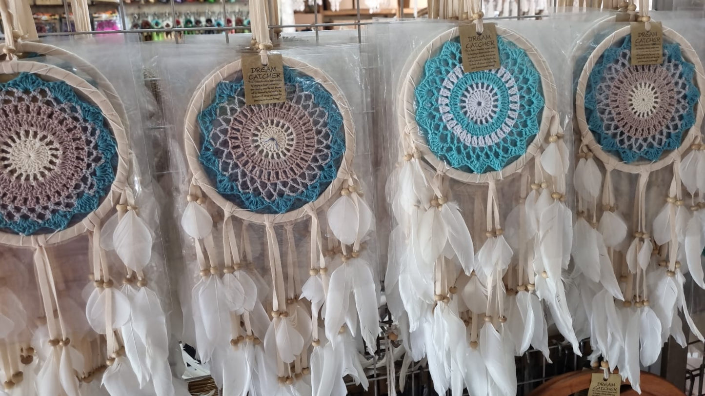 Bohemian handmade cotton dreamcatcher 16cm with white feathers, artisan wall hanging decor