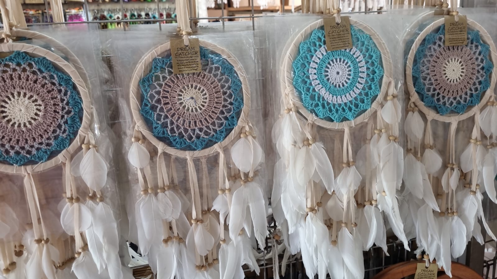 Bohemian handmade cotton dreamcatcher 16cm with white feathers, artisan wall hanging decor
