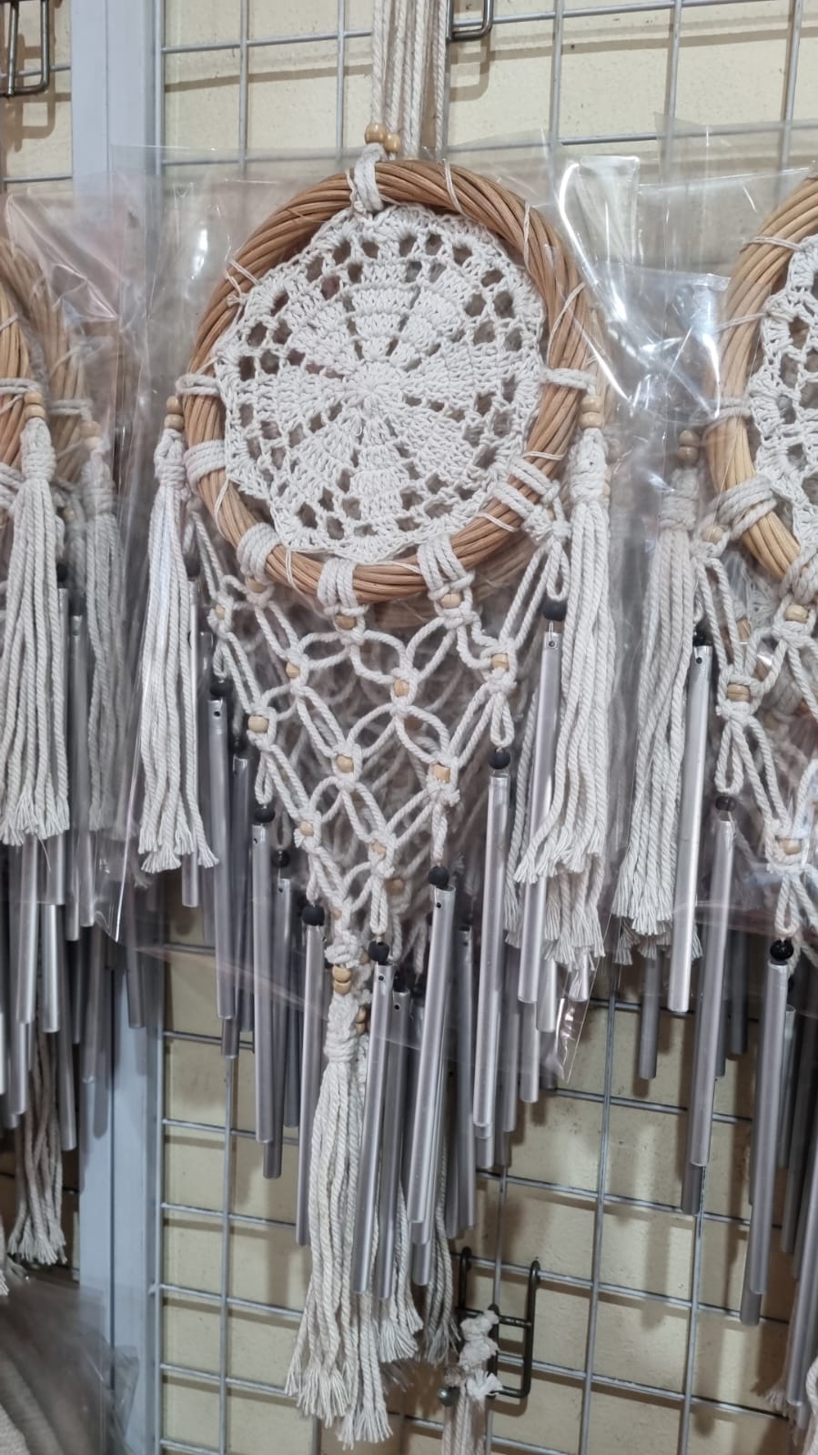 Handmade crochet cotton dreamcatcher with aluminum wind chime, 16cm boho wall hanging decor