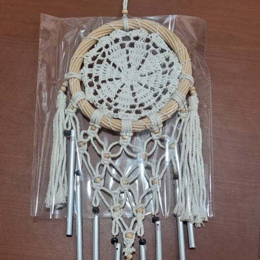 Handmade crochet cotton dreamcatcher with aluminum wind chime, 16cm boho wall hanging decor