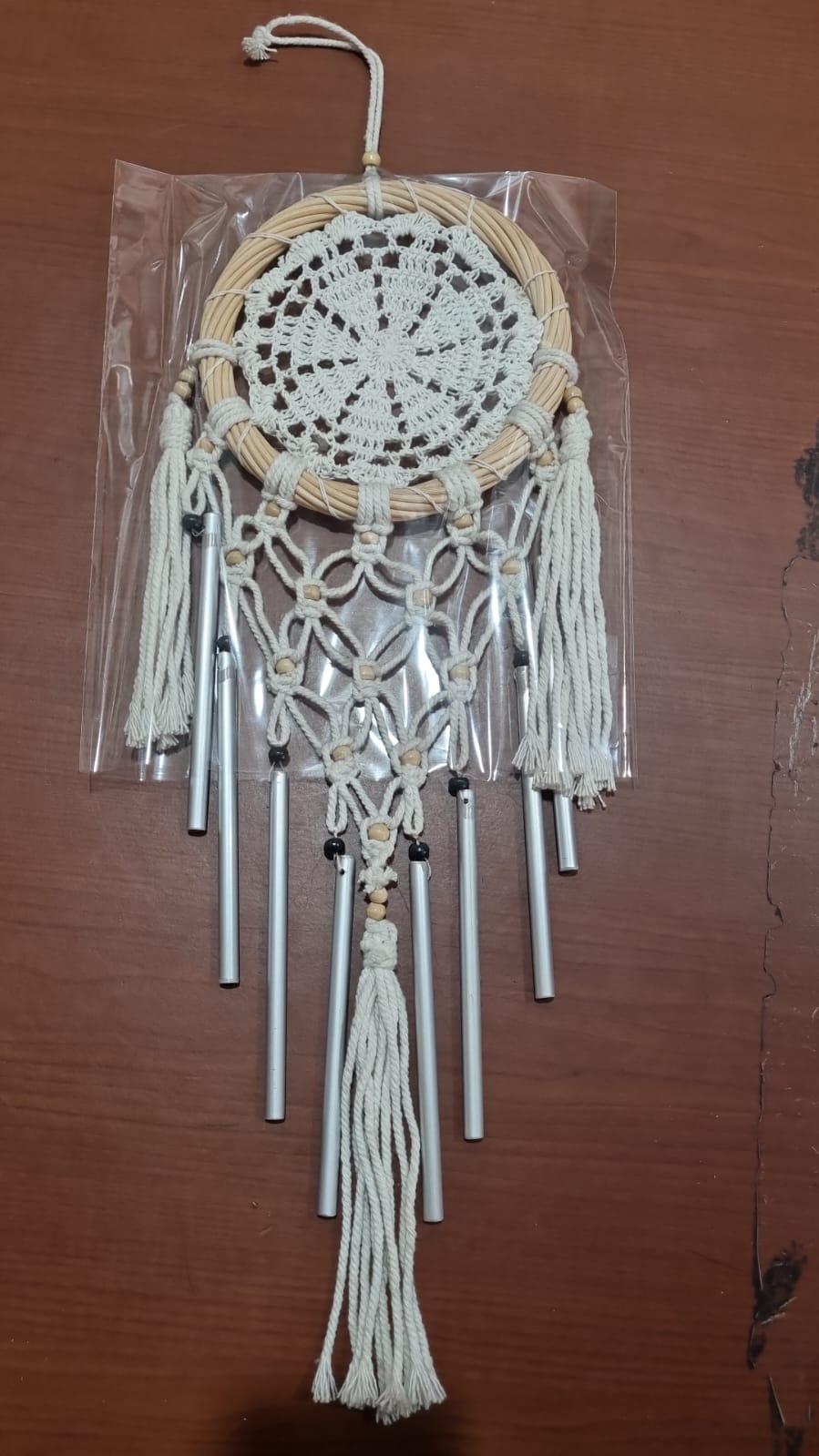 Handmade crochet cotton dreamcatcher with aluminum wind chime, 16cm boho wall hanging decor