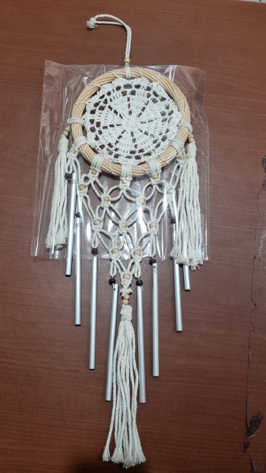 Handmade crochet cotton dreamcatcher with aluminum wind chime, 16cm boho wall hanging decor