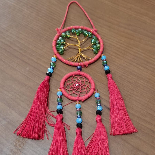 Handcrafted Tree of Life dreamcatcher 6cm with red tassels and crystal beads — boho home décor and gift item.