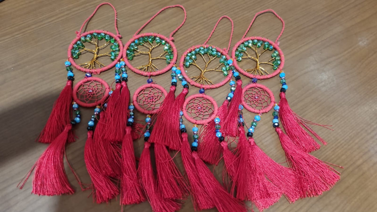 Handcrafted Tree of Life dreamcatcher 6cm with red tassels and crystal beads — boho home décor and gift item.