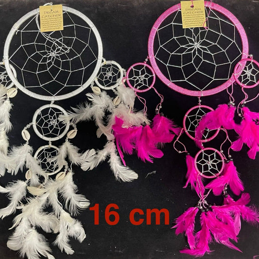 16cm handmade dreamcatcher with nylon web, feathers, and beads in white and pink – boho wall hanging decor.