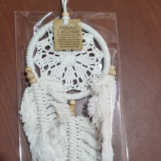 Natural macrame dreamcatcher handmade 12 cm with crochet lace and wooden beads, boho wall décor