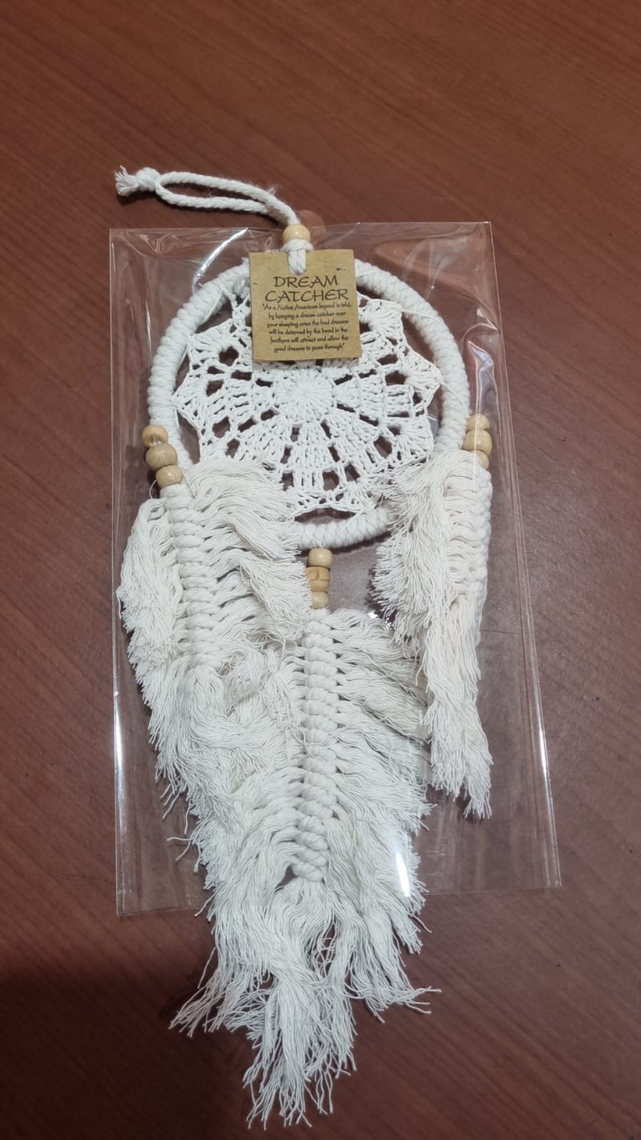 Natural macrame dreamcatcher handmade 12 cm with crochet lace and wooden beads, boho wall décor
