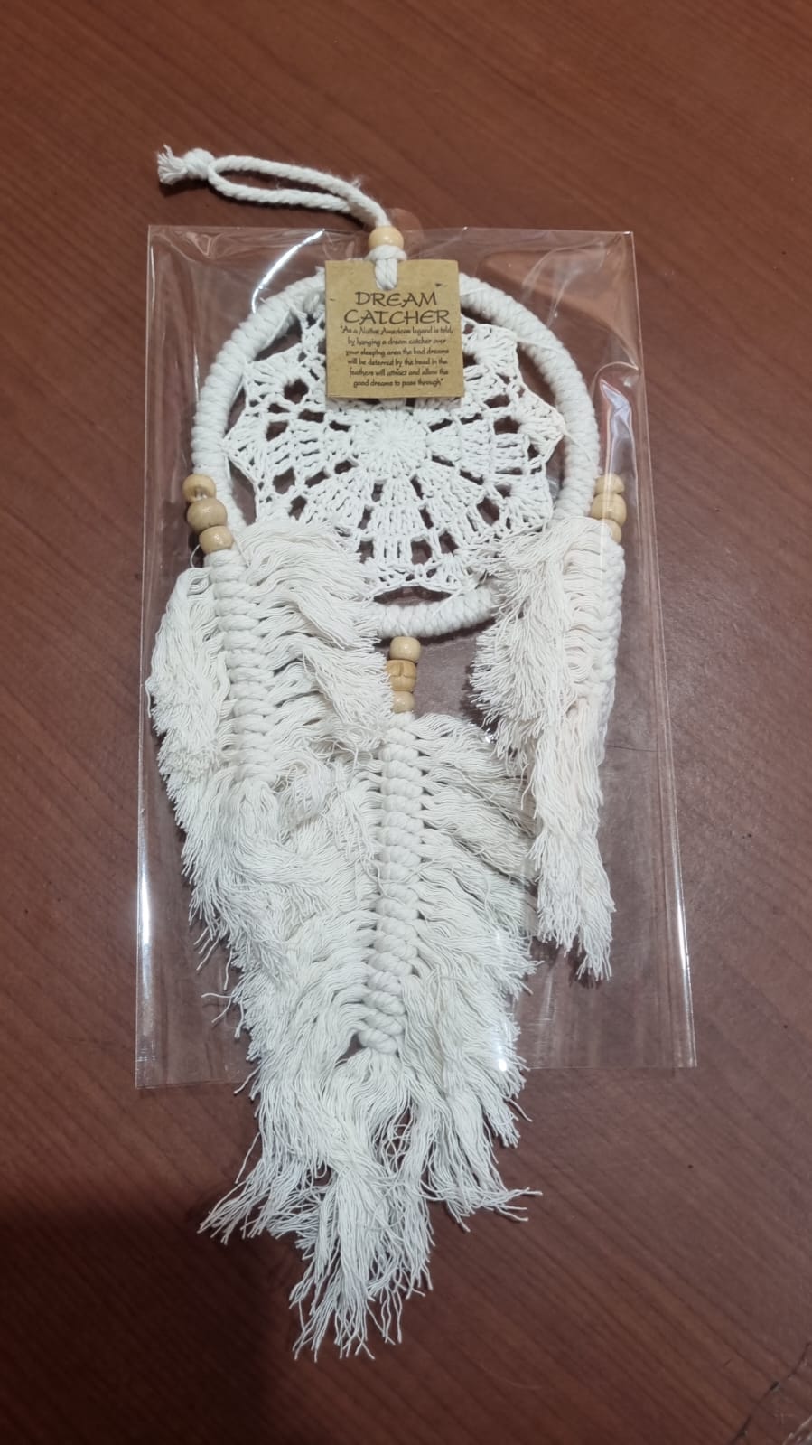 Natural macrame dreamcatcher handmade 12 cm with crochet lace and wooden beads, boho wall décor