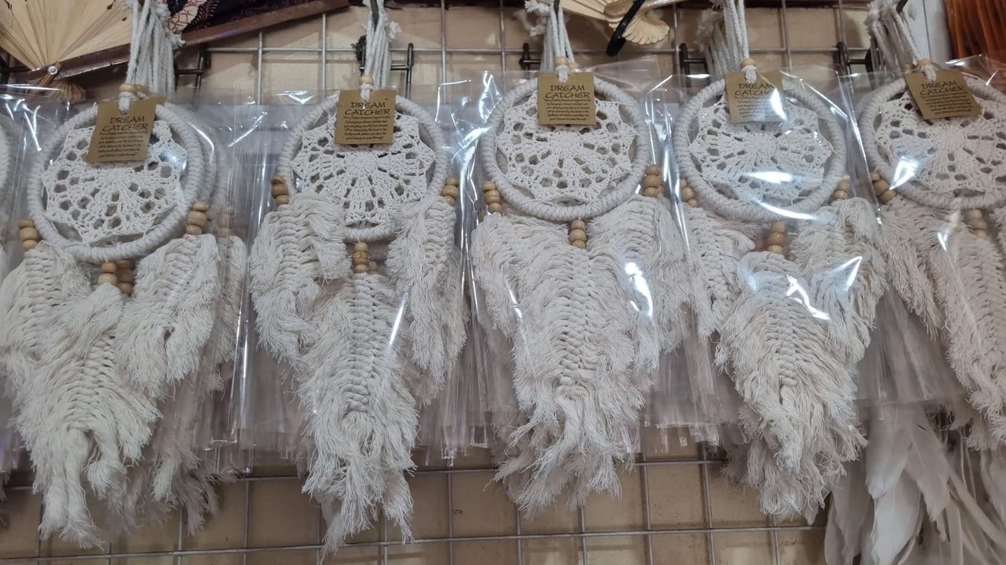 Natural macrame dreamcatcher handmade 12 cm with crochet lace and wooden beads, boho wall décor