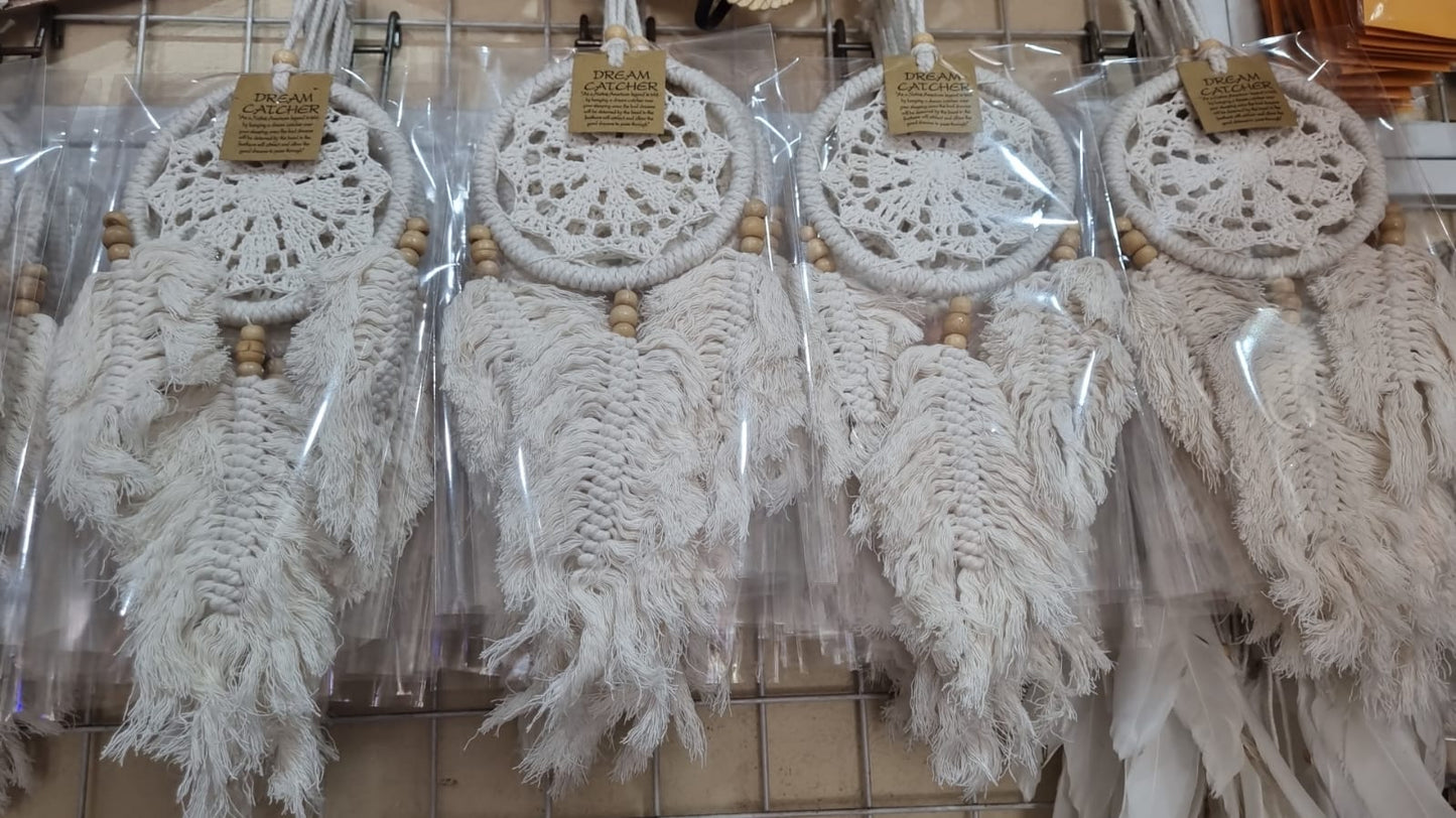 Natural macrame dreamcatcher handmade 12 cm with crochet lace and wooden beads, boho wall décor