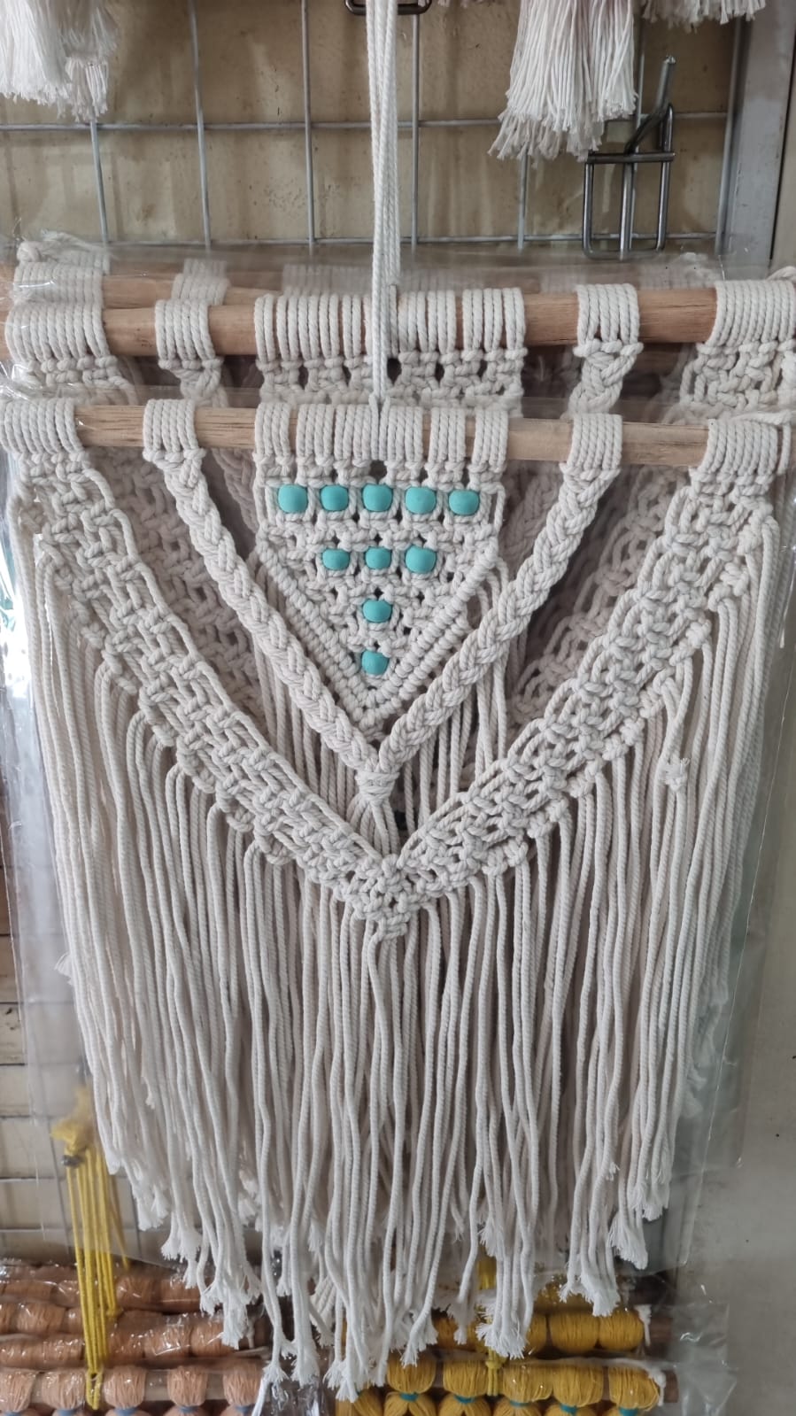 Boho handmade macrame wall hanging with beads, 30cm cotton tapestry, rustic bohemian wall décor