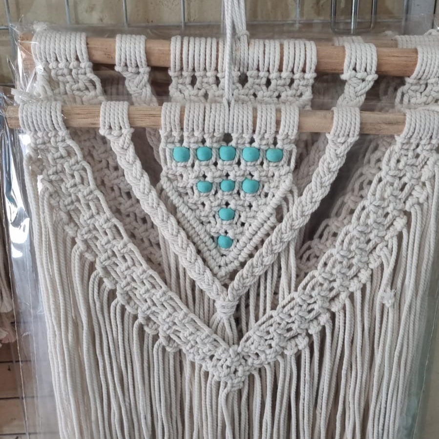 Boho handmade macrame wall hanging with beads, 30cm cotton tapestry, rustic bohemian wall décor
