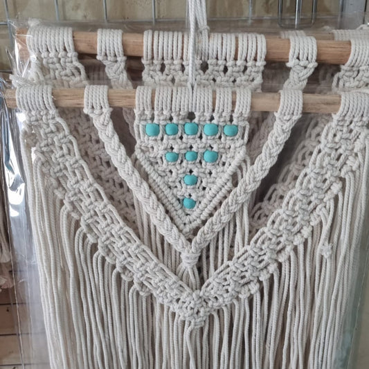 Boho handmade macrame wall hanging with beads, 30cm cotton tapestry, rustic bohemian wall décor