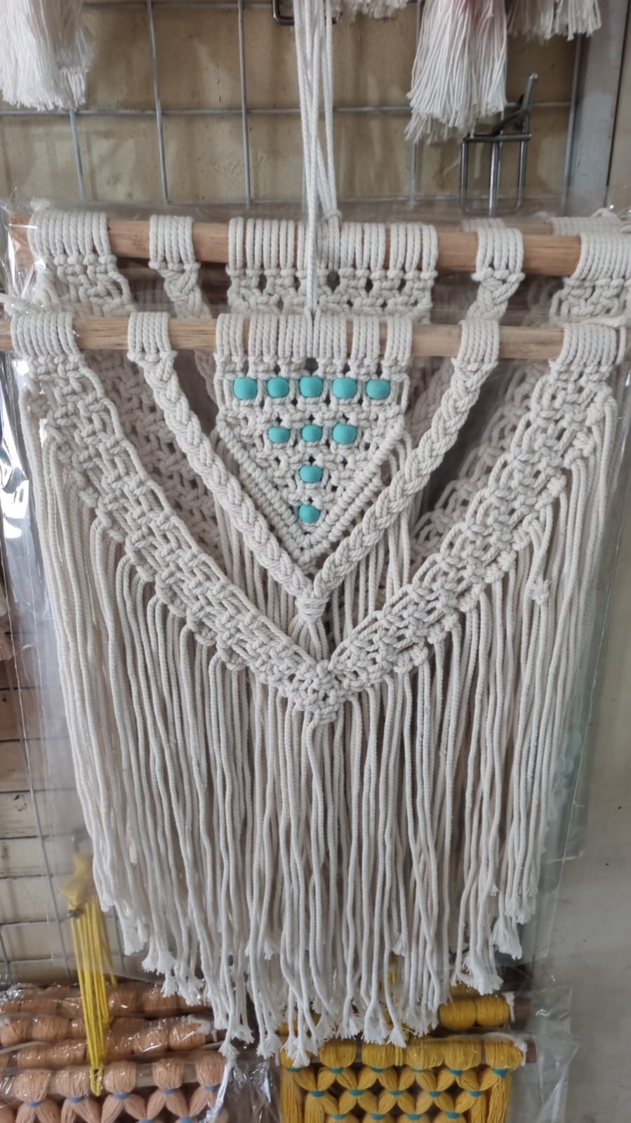 Boho handmade macrame wall hanging with beads, 30cm cotton tapestry, rustic bohemian wall décor