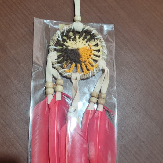 Small handmade agel dreamcatcher 6cm with natural wood beads and colorful feathers.