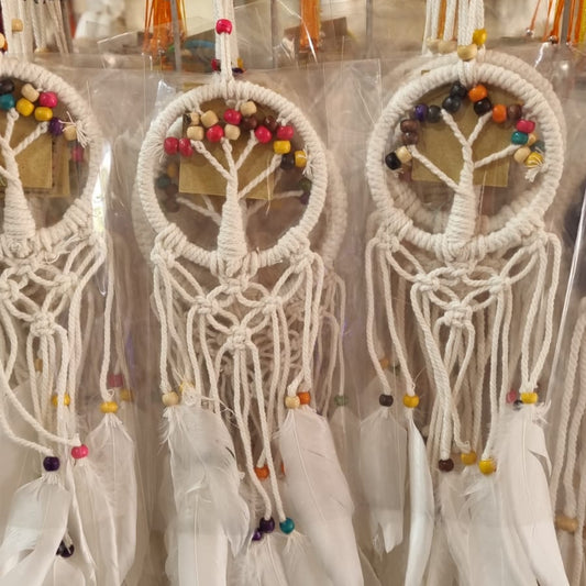 Mini handmade Tree of Life dreamcatcher with cotton cord, wooden beads, and white feathers – 7 cm (2.75 inch) wall hanging decor.
