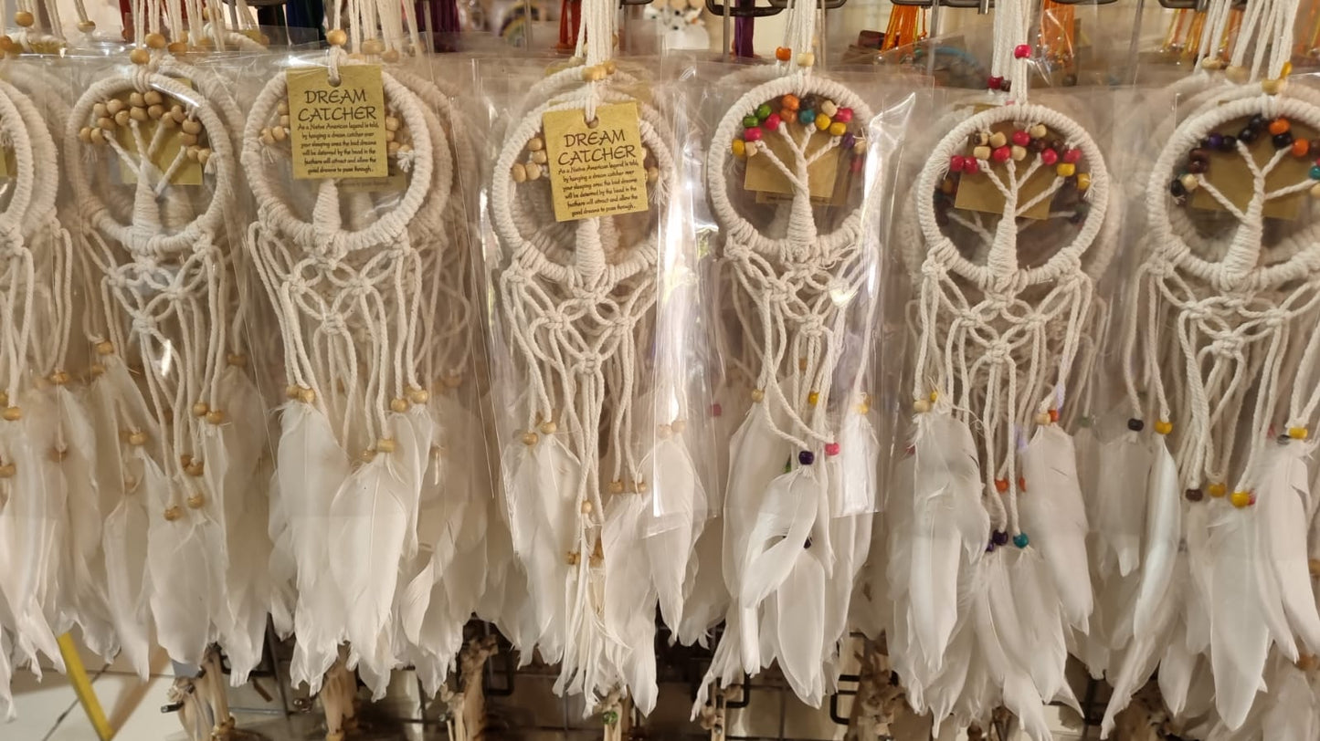 Mini handmade Tree of Life dreamcatcher with cotton cord, wooden beads, and white feathers – 7 cm (2.75 inch) wall hanging decor.