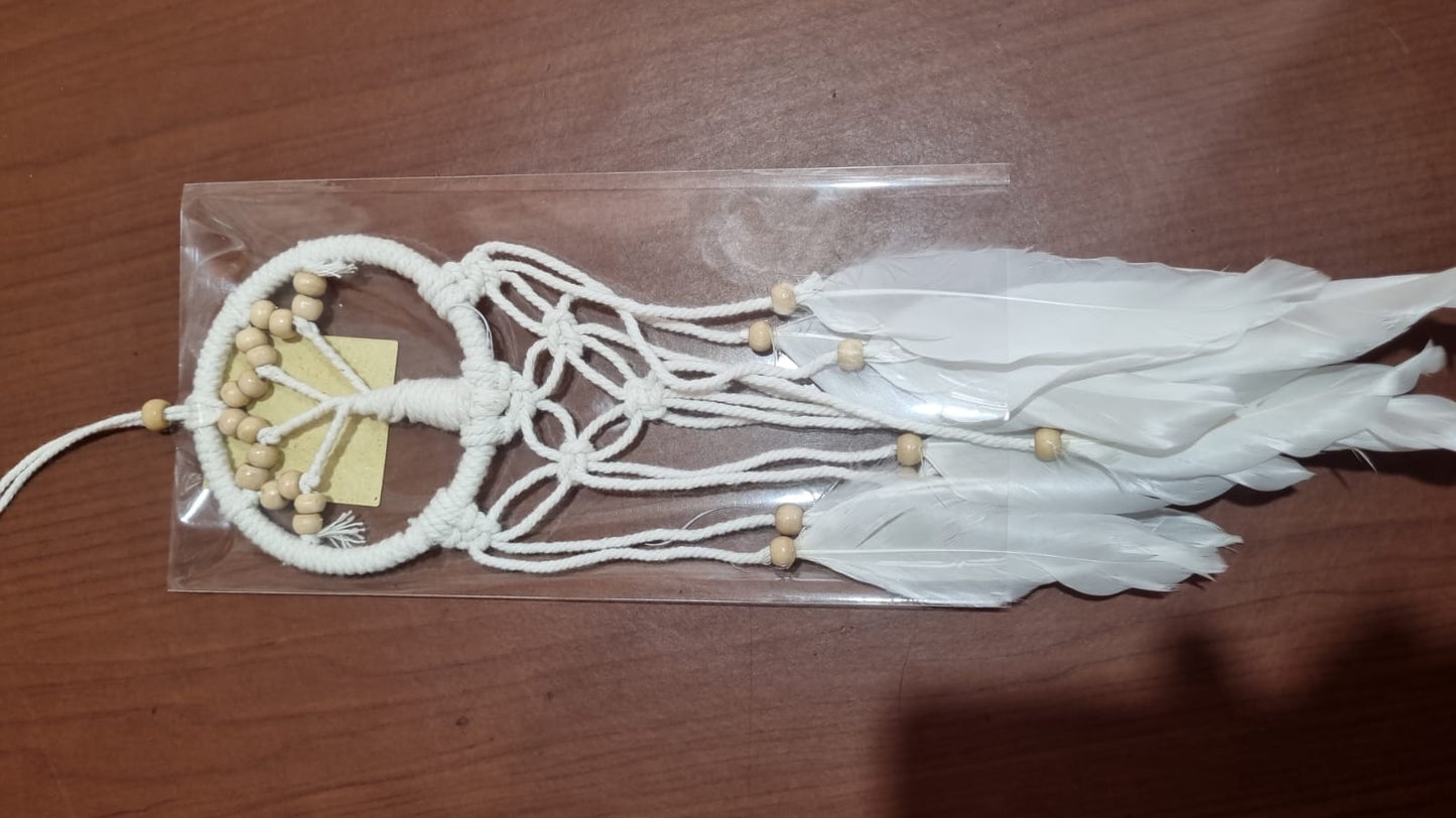 Mini handmade Tree of Life dreamcatcher with cotton cord, wooden beads, and white feathers – 7 cm (2.75 inch) wall hanging decor.