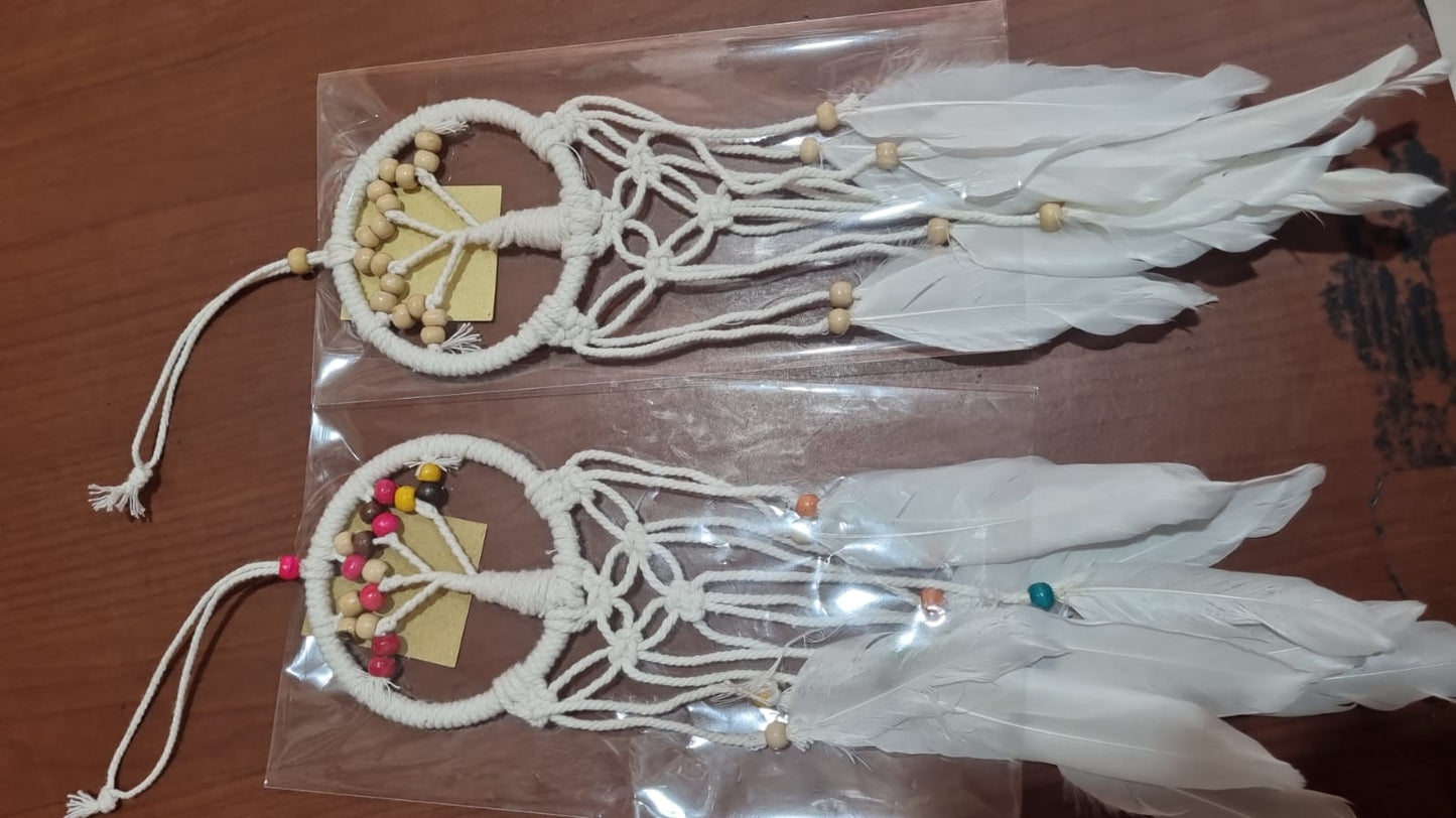 Mini handmade Tree of Life dreamcatcher with cotton cord, wooden beads, and white feathers – 7 cm (2.75 inch) wall hanging decor.