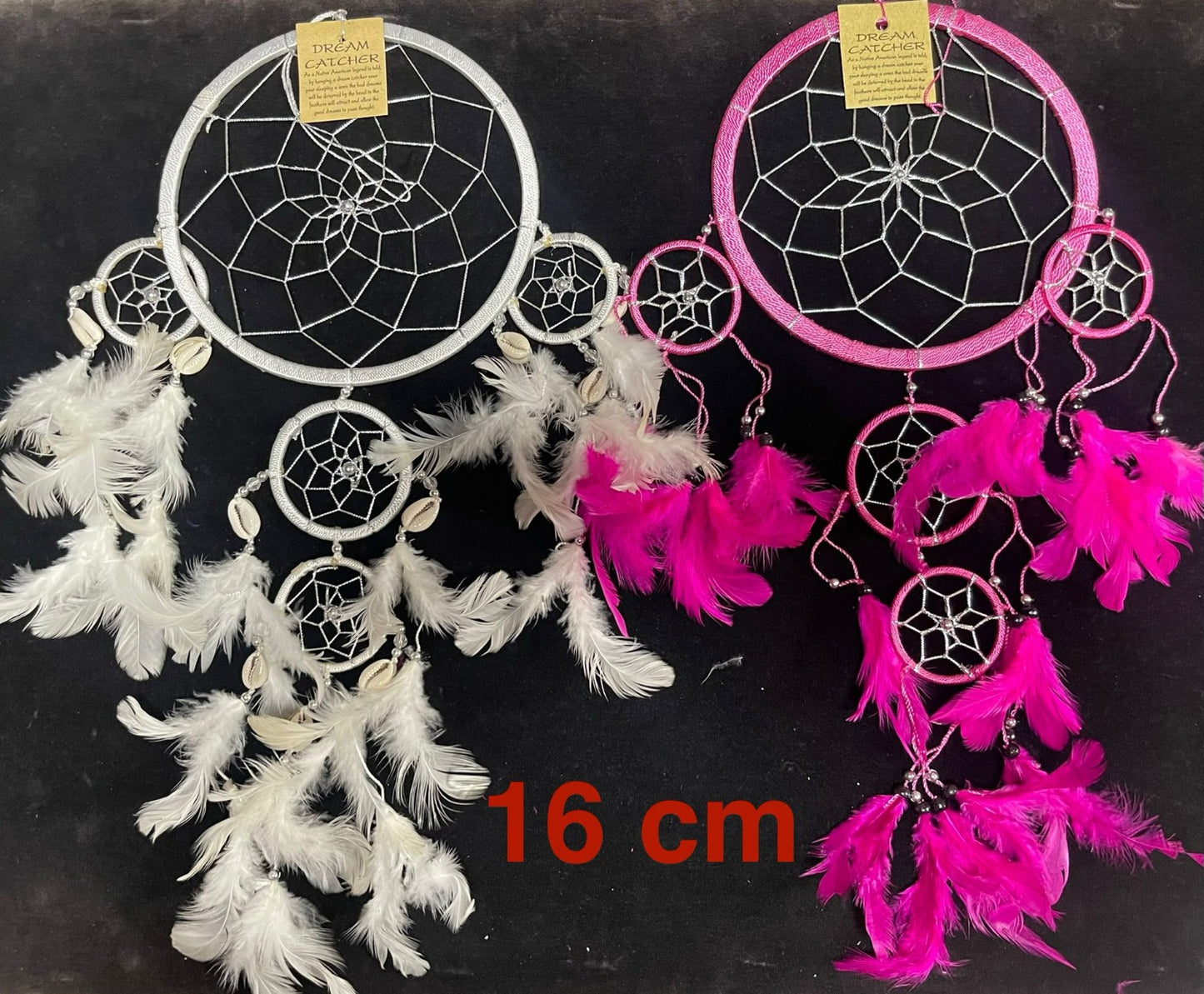 16cm handmade dreamcatcher with nylon web, feathers, and beads in white and pink – boho wall hanging decor.