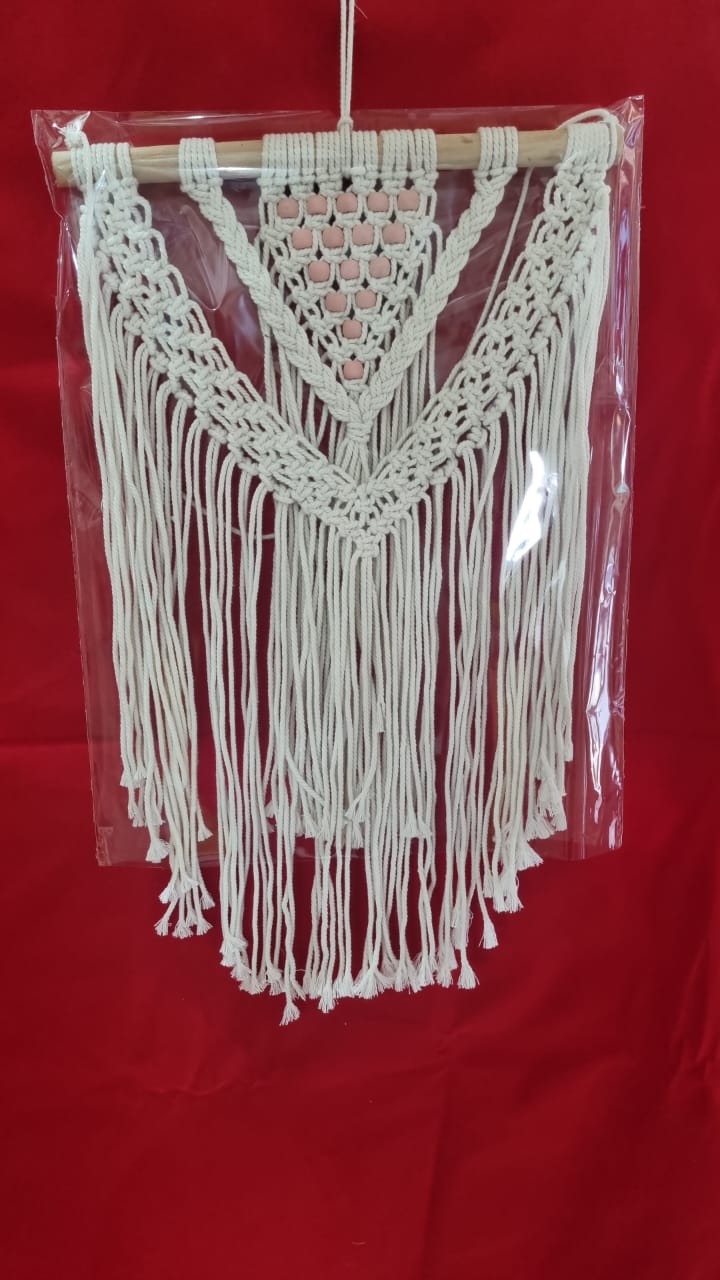 Handmade macrame wall hanging with owl motif and fringe, 40 cm wide cotton décor
