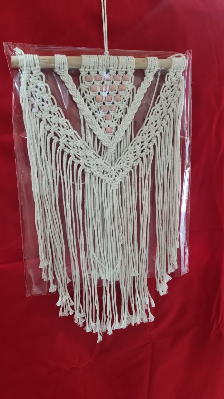 Handmade macrame wall hanging with owl motif and fringe, 40 cm wide cotton décor