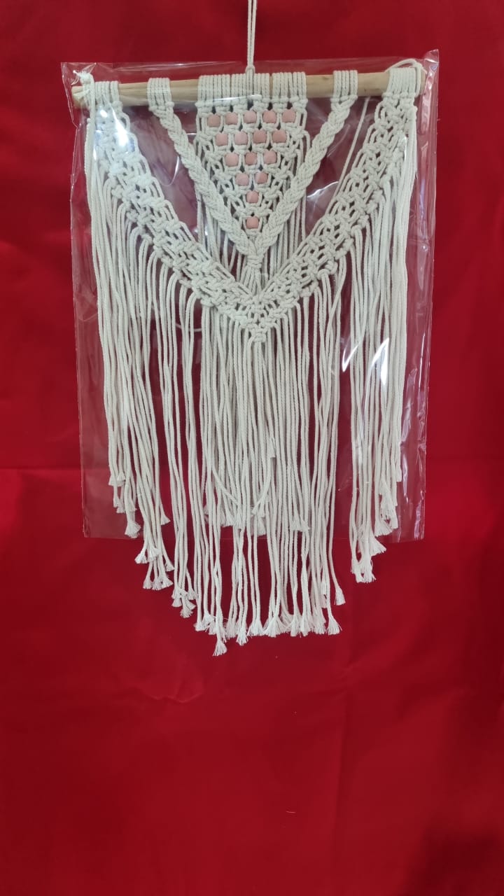 Handmade macrame wall hanging with owl motif and fringe, 40 cm wide cotton décor
