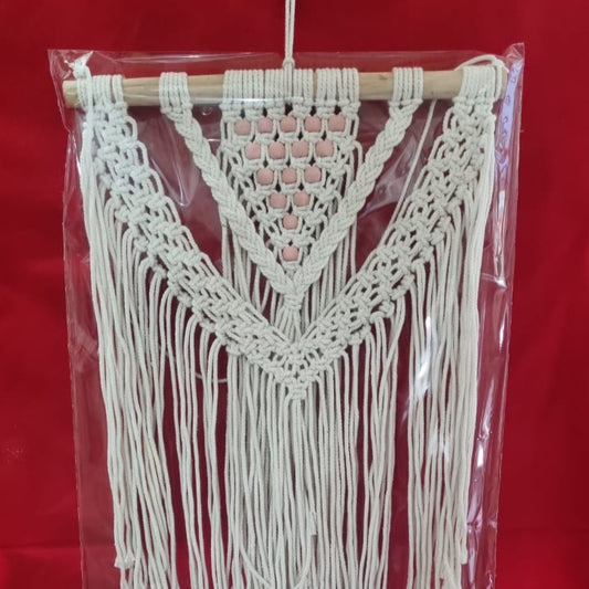 Handmade macrame wall hanging with owl motif and fringe, 40 cm wide cotton décor
