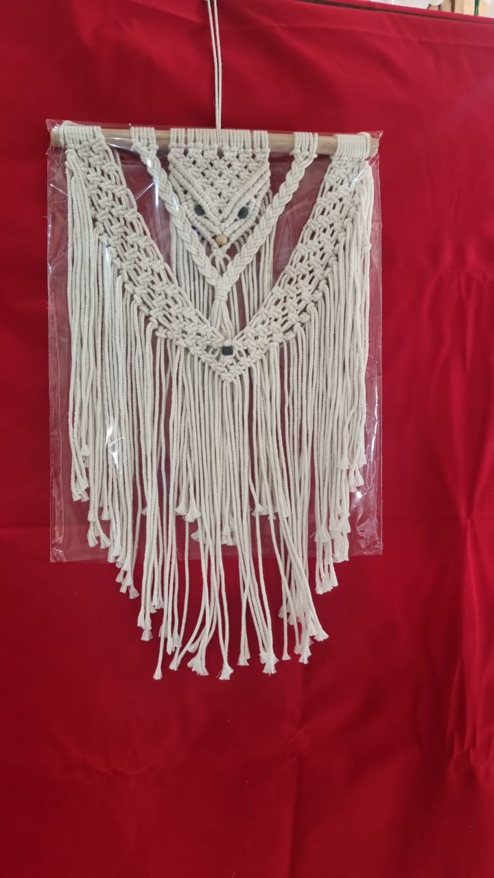 Handmade macrame wall hanging with owl motif and fringe, 40 cm wide cotton décor