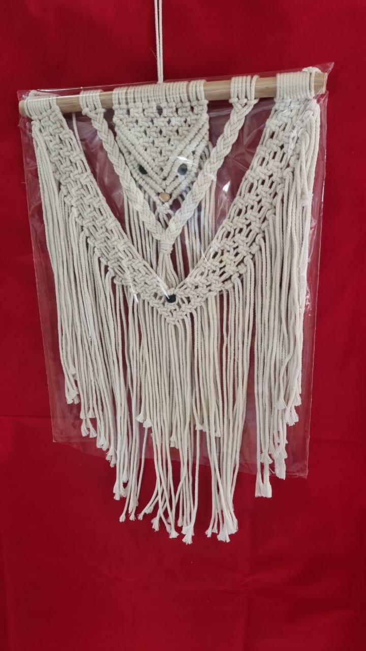 Handmade macrame wall hanging with owl motif and fringe, 40 cm wide cotton décor