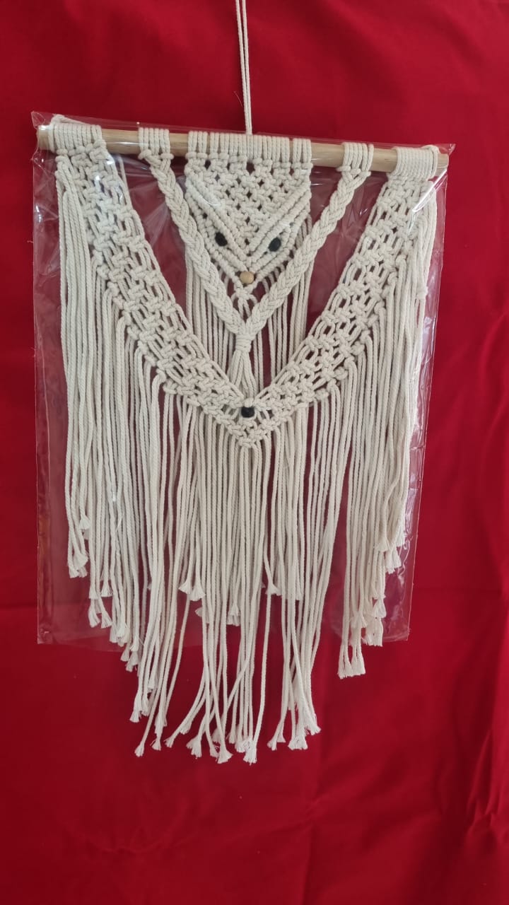 Handmade macrame wall hanging with owl motif and fringe, 40 cm wide cotton décor
