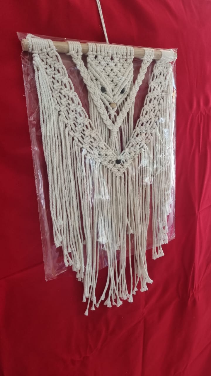 Handmade macrame wall hanging with owl motif and fringe, 40 cm wide cotton décor
