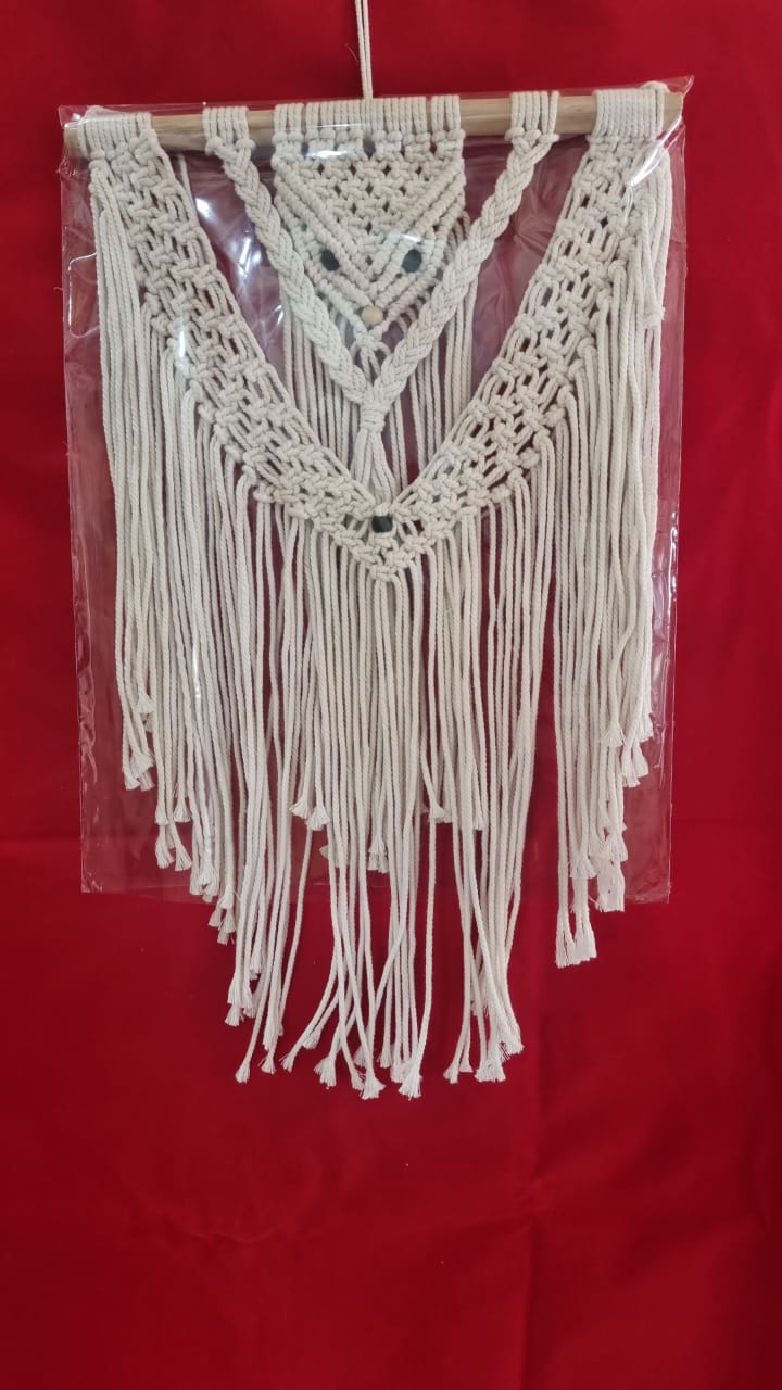 Handmade macrame wall hanging with owl motif and fringe, 40 cm wide cotton décor