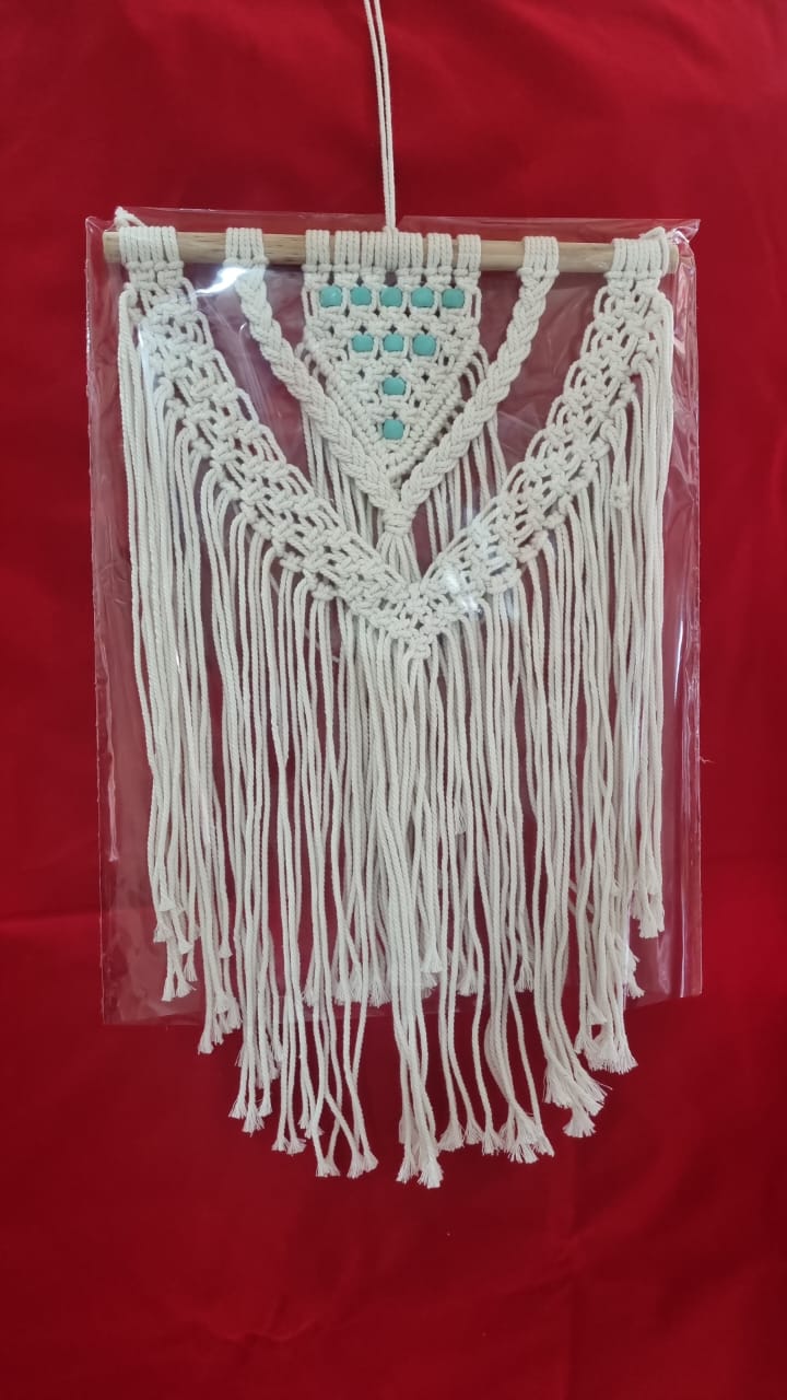 Handmade macrame wall hanging with owl motif and fringe, 40 cm wide cotton décor