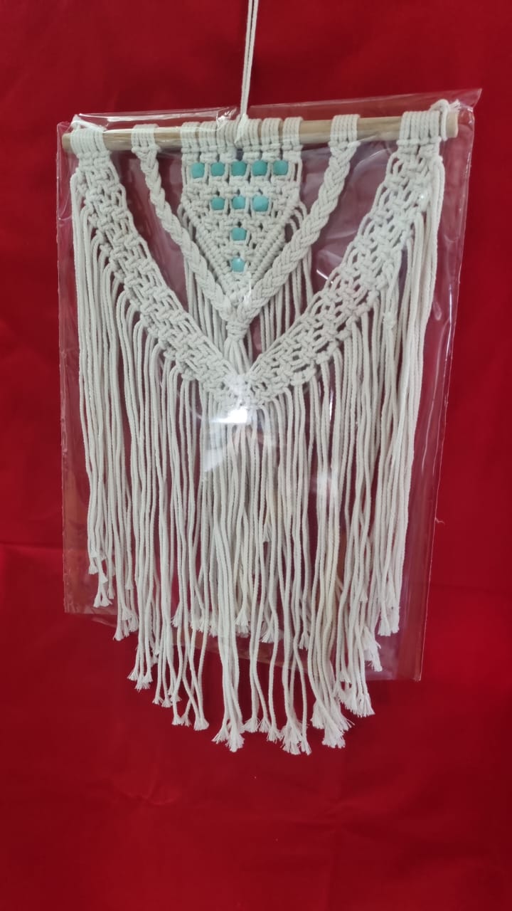 Handmade macrame wall hanging with owl motif and fringe, 40 cm wide cotton décor