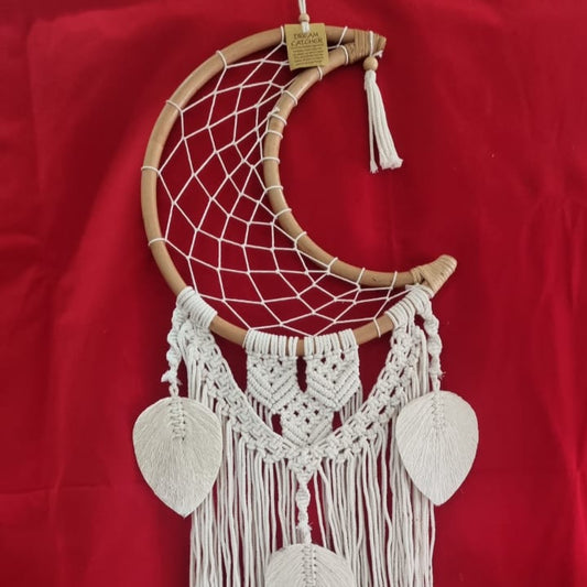 32 cm (12.6") moon-shaped rattan and cotton macrame dreamcatcher with fringe for bohemian wall décor