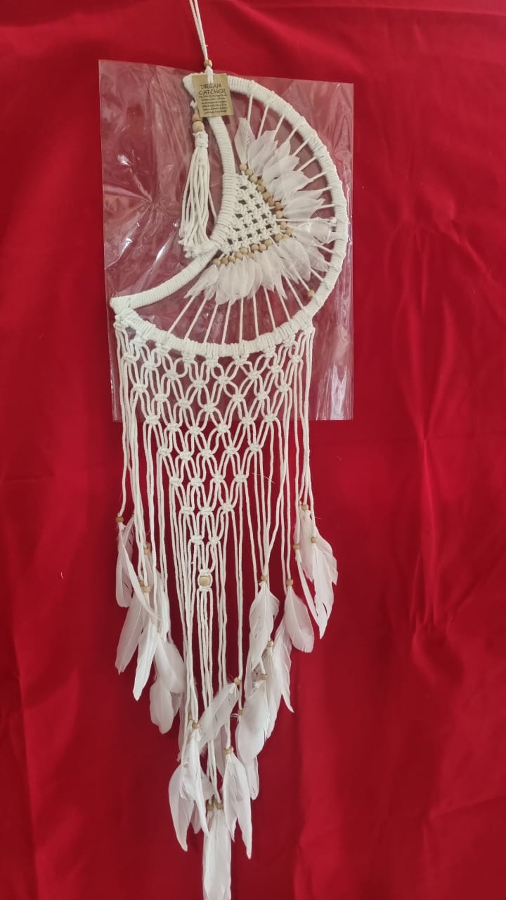 32 cm (12.6") moon-shaped rattan and cotton macrame dreamcatcher with fringe for bohemian wall décor