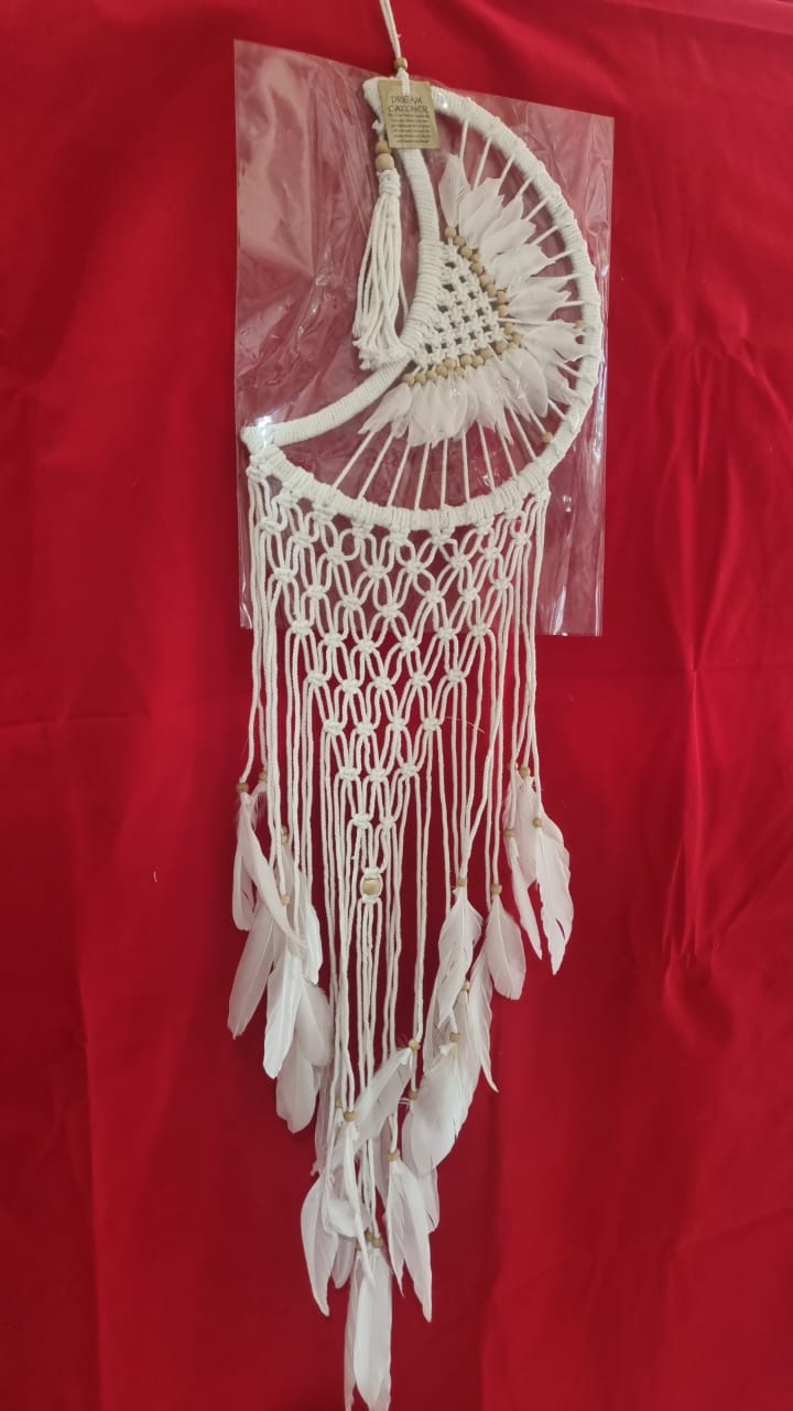 32 cm (12.6") moon-shaped rattan and cotton macrame dreamcatcher with fringe for bohemian wall décor