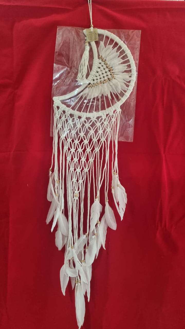 32 cm (12.6") moon-shaped rattan and cotton macrame dreamcatcher with fringe for bohemian wall décor