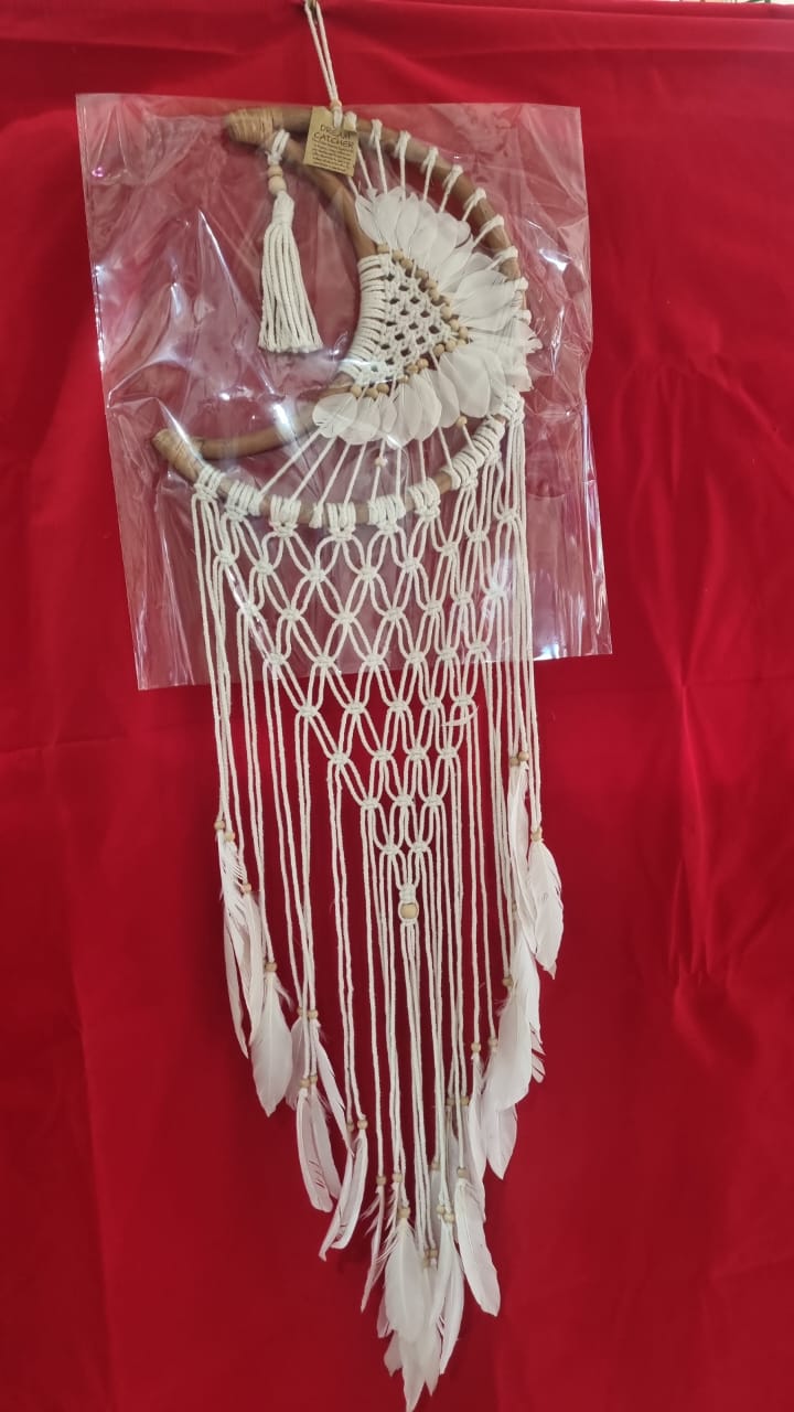 32 cm (12.6") moon-shaped rattan and cotton macrame dreamcatcher with fringe for bohemian wall décor