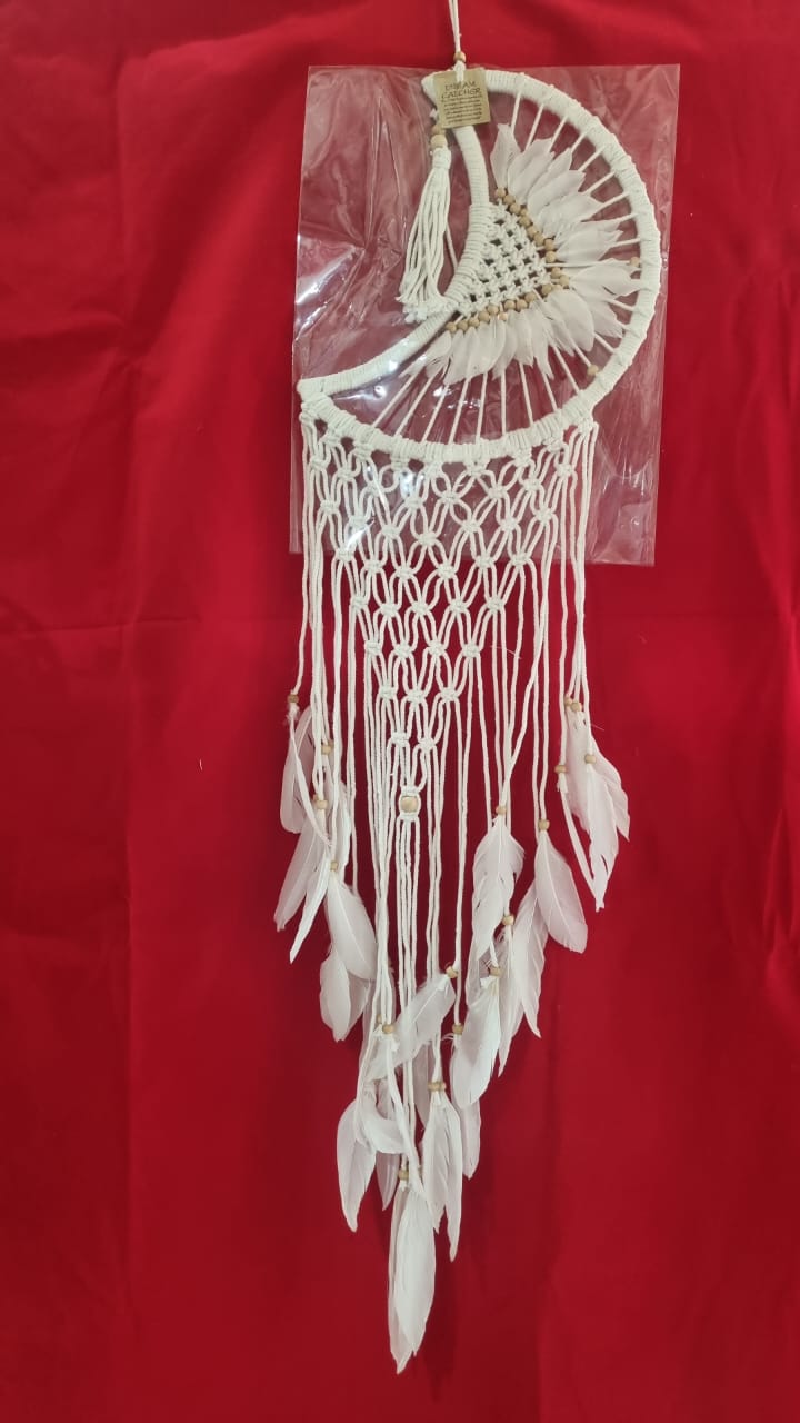32 cm (12.6") moon-shaped rattan and cotton macrame dreamcatcher with fringe for bohemian wall décor