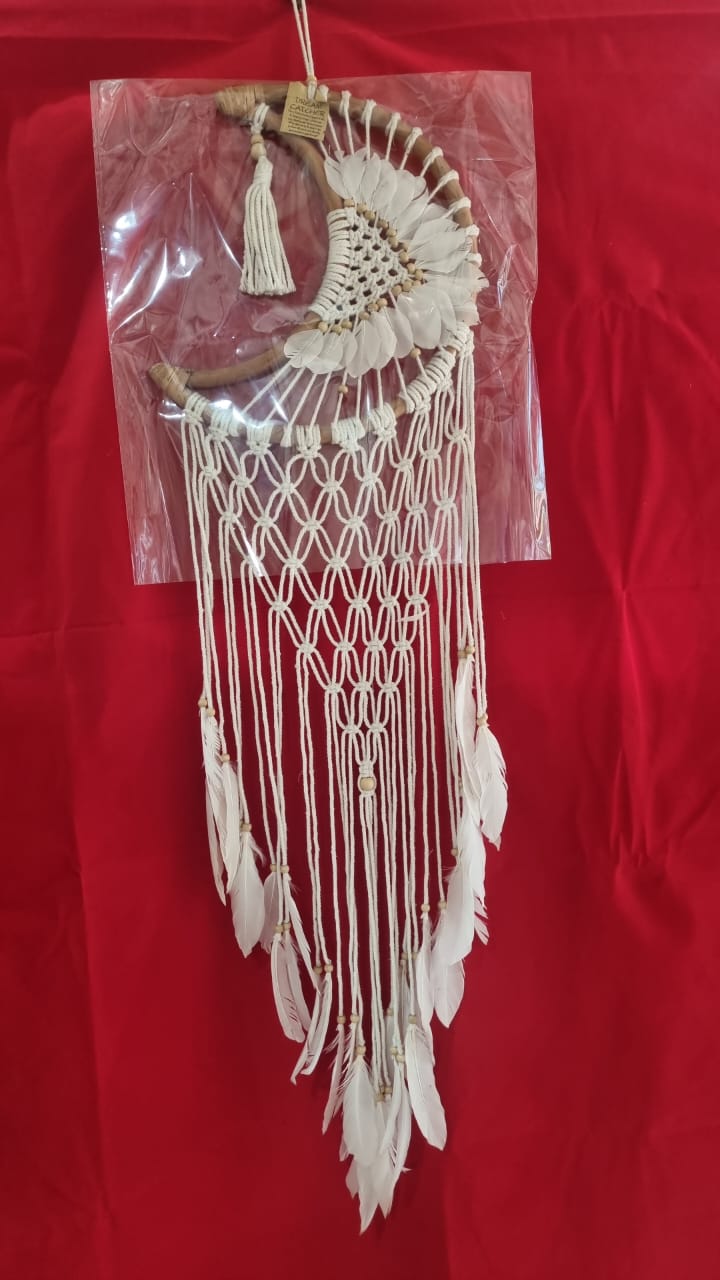 32 cm (12.6") moon-shaped rattan and cotton macrame dreamcatcher with fringe for bohemian wall décor