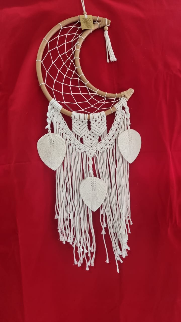 32 cm (12.6") moon-shaped rattan and cotton macrame dreamcatcher with fringe for bohemian wall décor